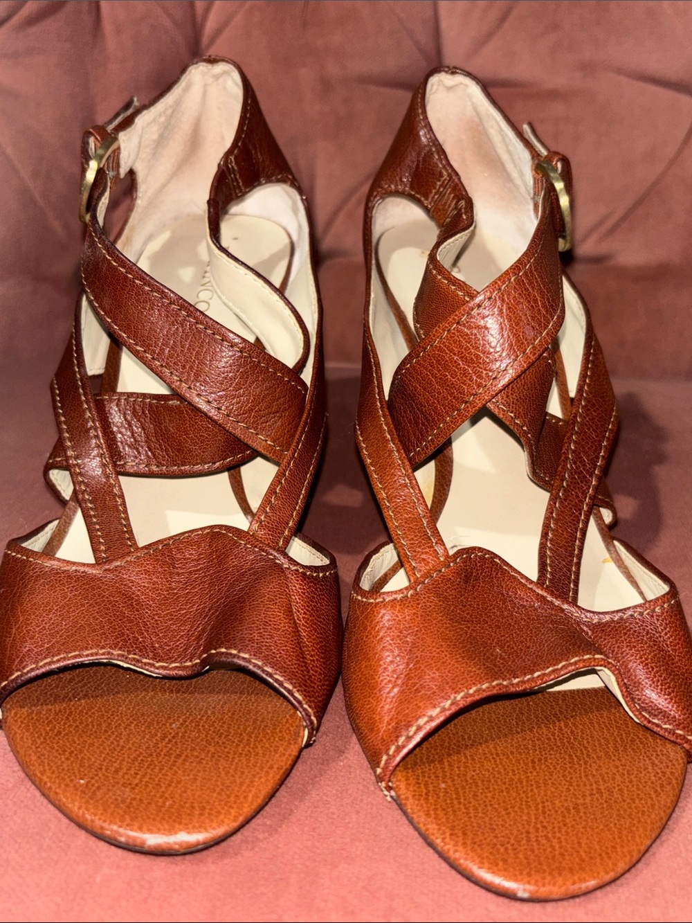 Franco Sarto heels open toe strappy leather wooden narrow wedge women’s 8.5 - Picture 2 of 16
